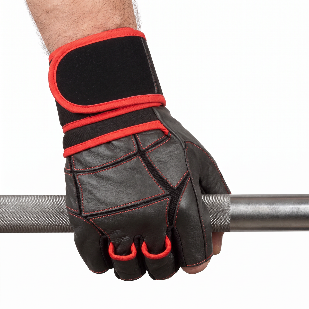 Hand wearing the Murbie Iron I6 weightlifting glove gripping a barbell