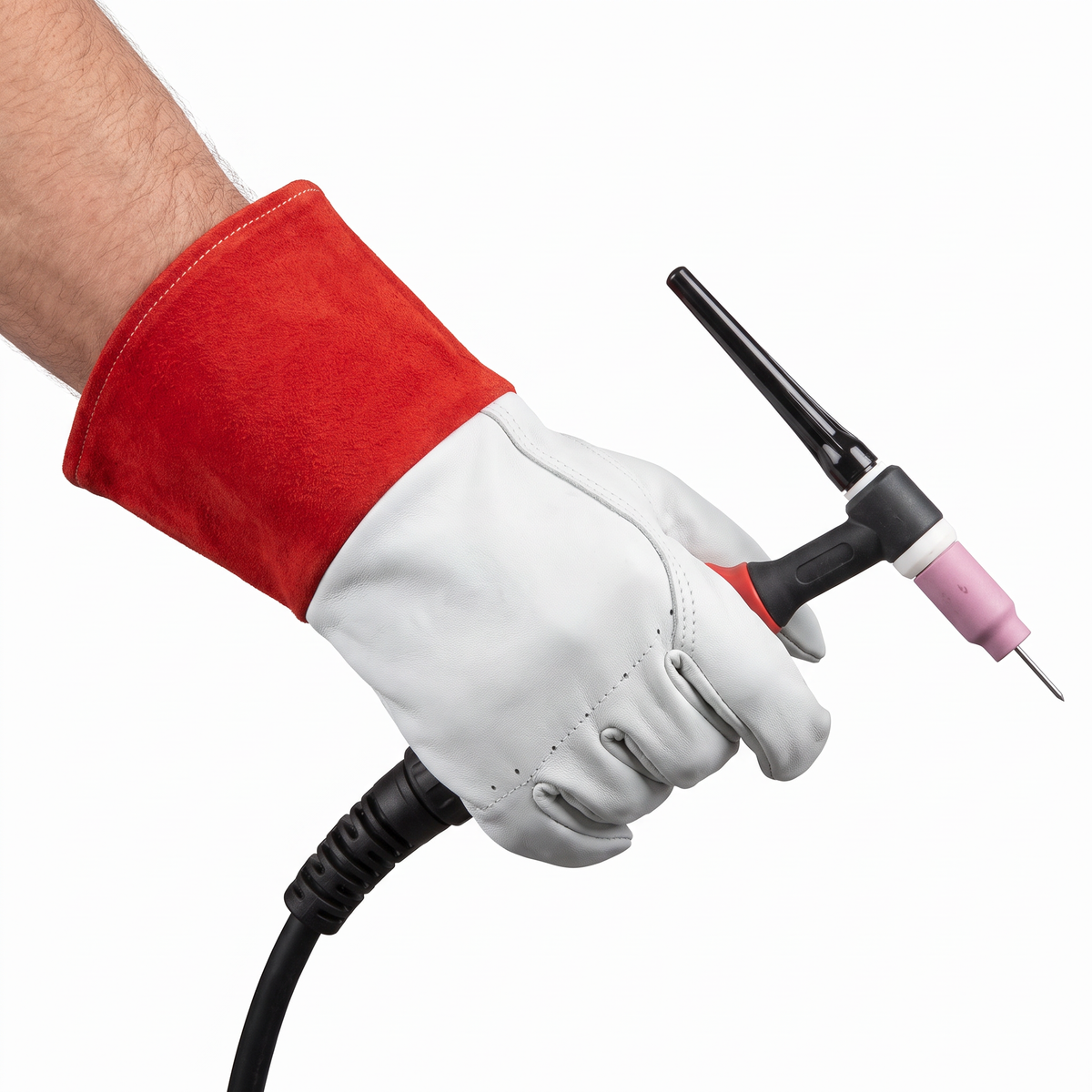 Hand wearing the Murbie Forge T2 TIG welding gloves holding a TIG torch