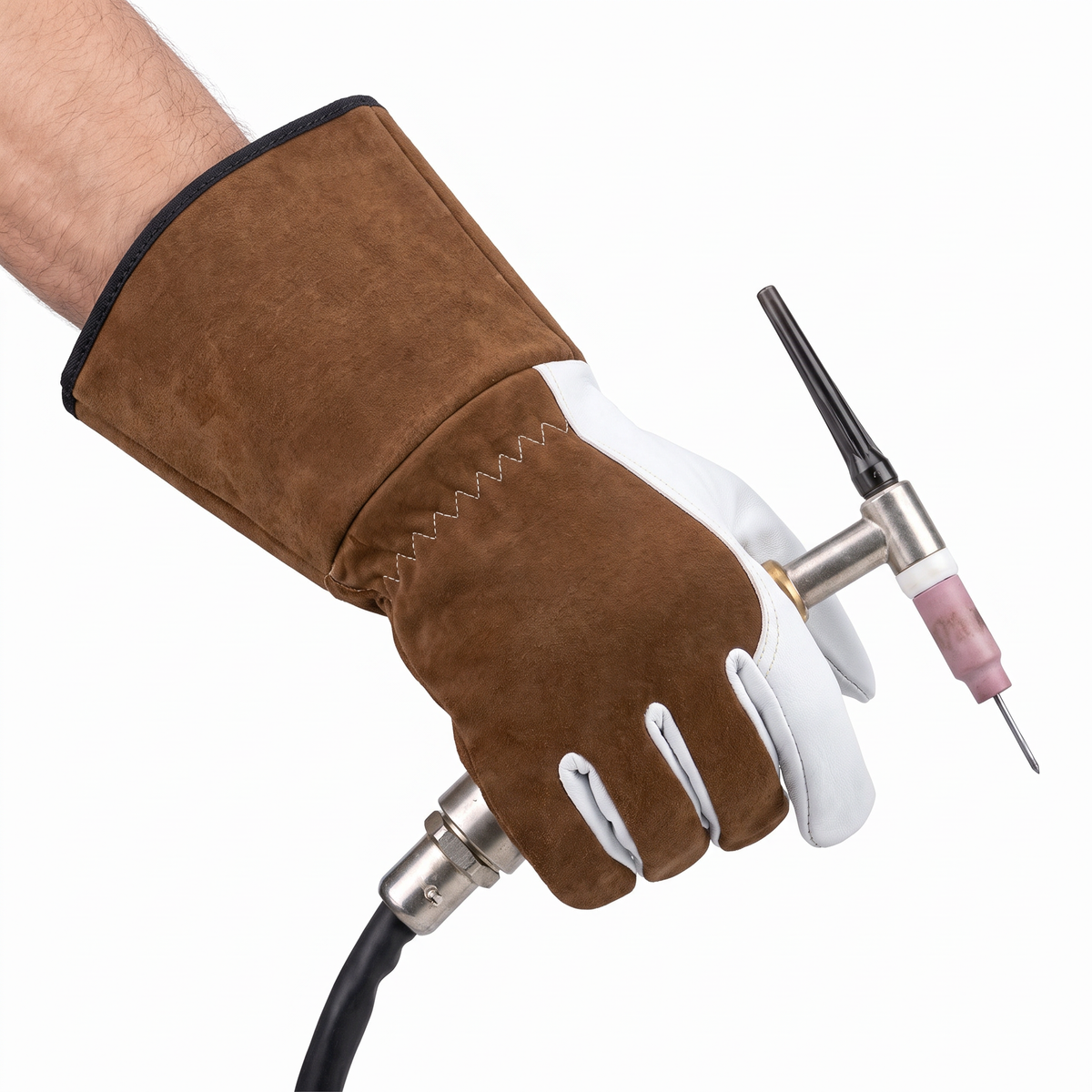 Hand wearing the Murbie Forge T3 TIG welding gloves holding a TIG torch