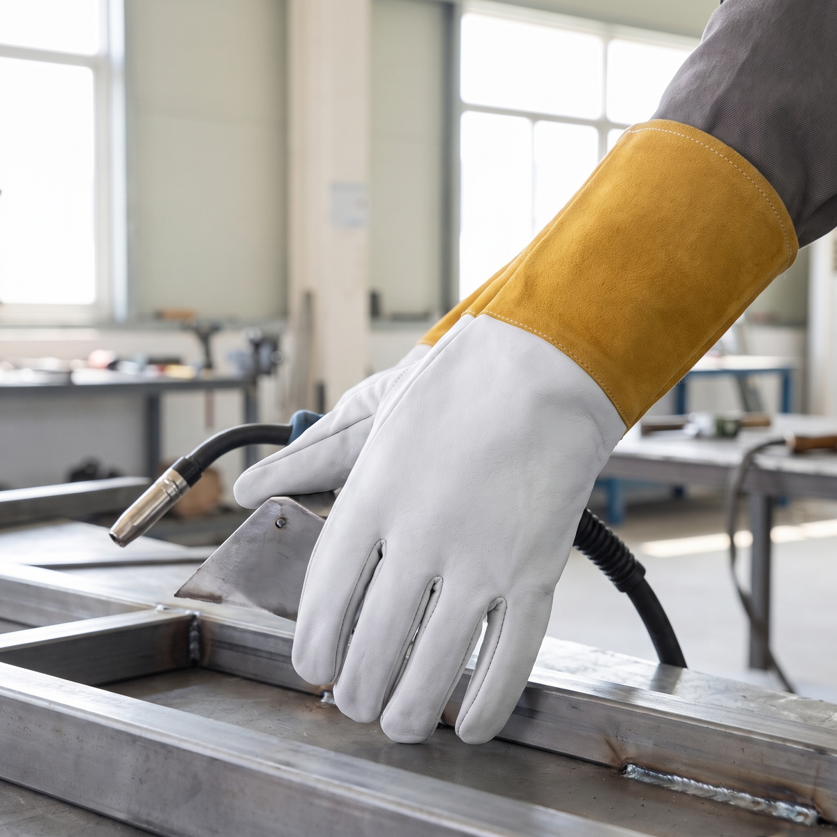 Murbie Forge T1 TIG welding gloves in use in a bright workshop