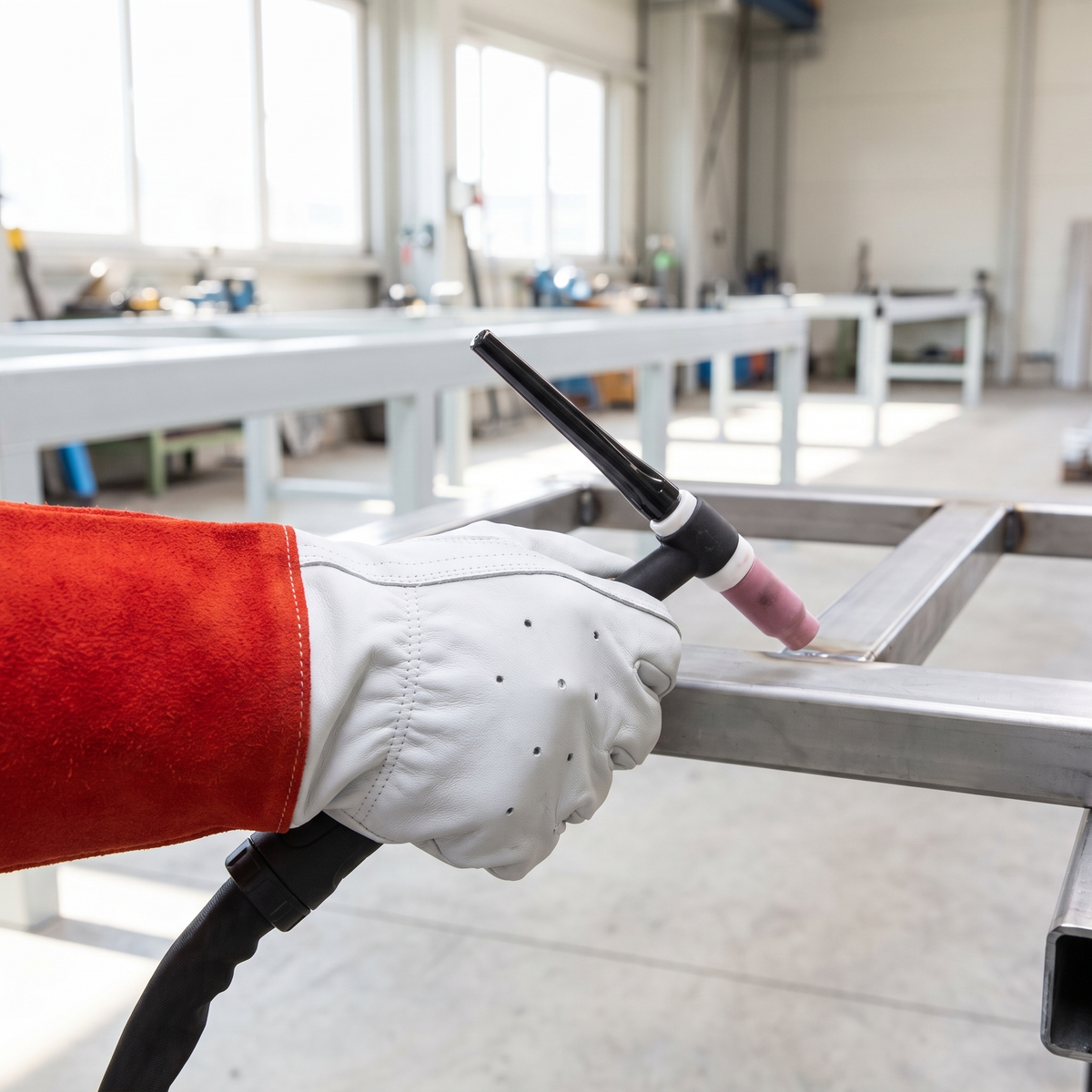 Murbie Forge T2 TIG welding gloves in use in a bright workshop