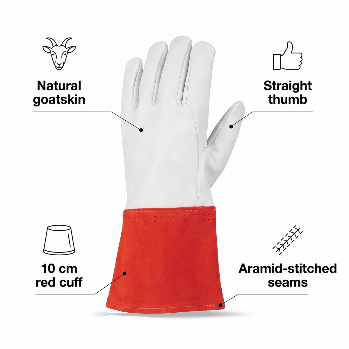 Murbie Forge T2 TIG welding gloves features: natural goatskin, straight thumb, 10 cm red cuff, aramid-stitched seams