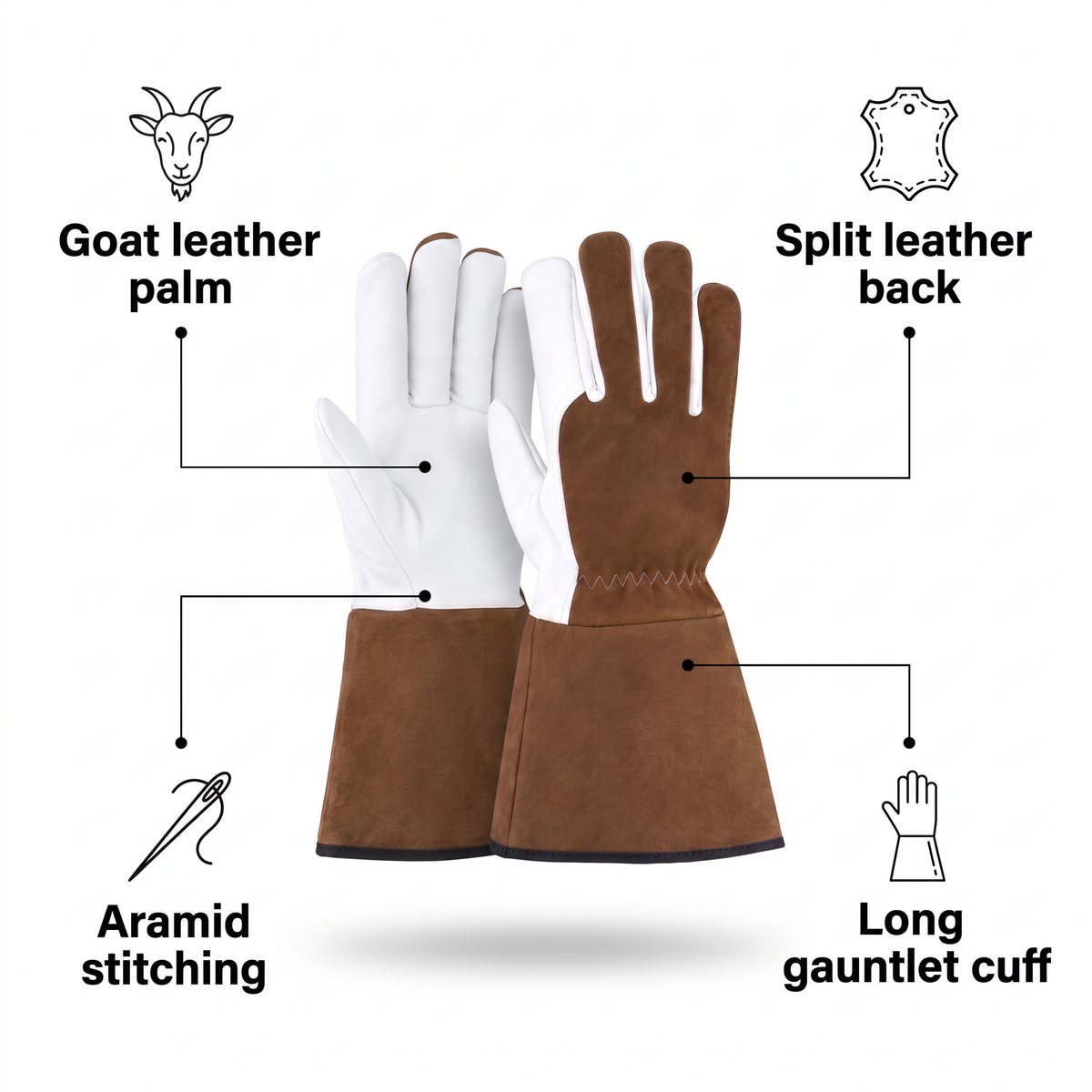 Murbie Forge T3 TIG welding gloves features: goat leather palm, split leather back, aramid stitching, long gauntlet cuff