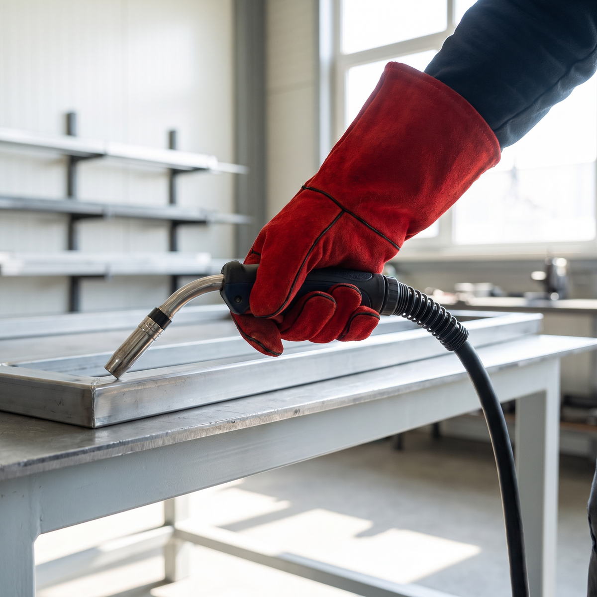 Murbie Forge S2 stick welding gloves in use in a bright workshop