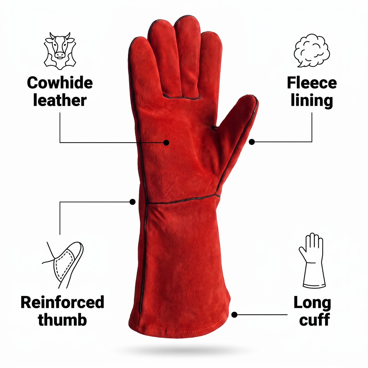 Murbie Forge S2 stick welding gloves features: cowhide leather, fleece lining, reinforced thumb, long cuff