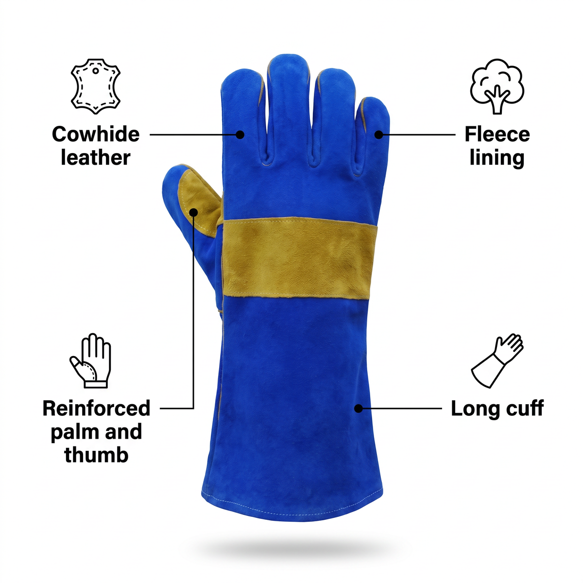 Murbie Forge S1 stick welding gloves features: cowhide leather, fleece lining, reinforced palm and thumb, long cuff