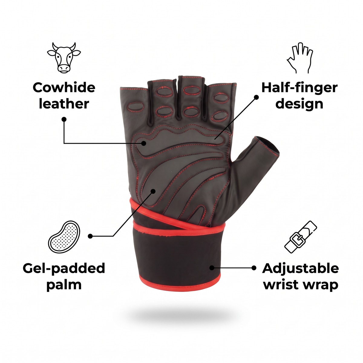 Murbie Iron I6 weightlifting glove features: cowhide leather, half-finger design, gel-padded palm, adjustable wrist wrap