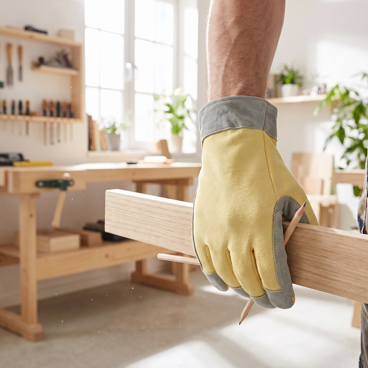 Murbie Edge C3 cut-resistant gloves in use in a bright workshop