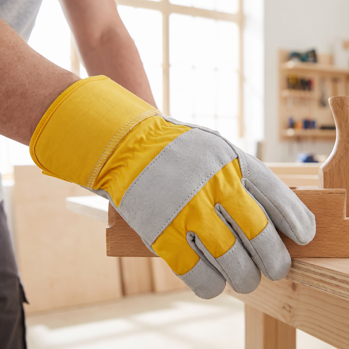 Murbie Haul L1 leather work gloves in use in a bright workshop