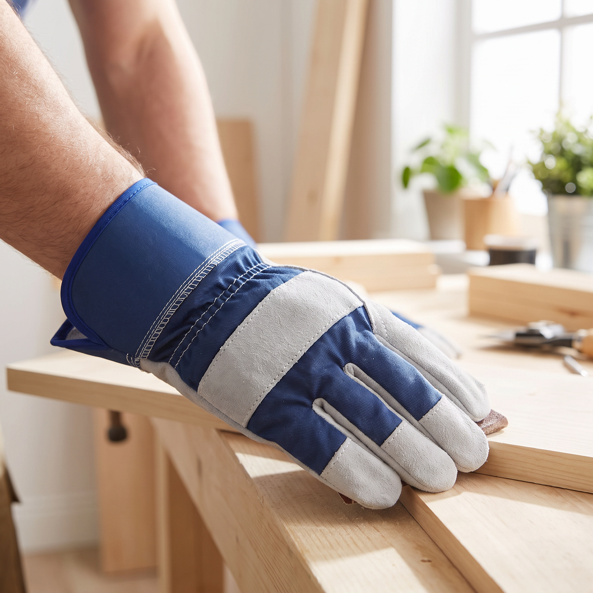 Murbie Haul L3 leather palm gloves in use in a bright workshop