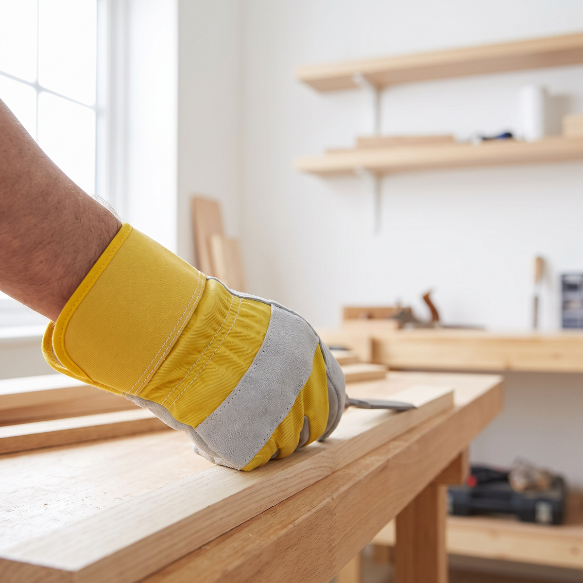 Murbie Haul L2 leather palm gloves in use in a bright workshop
