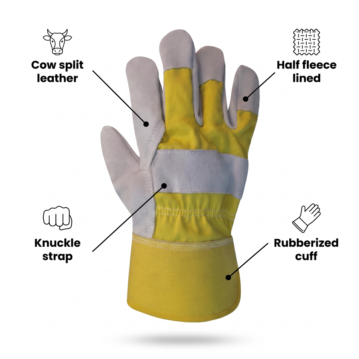 Murbie Haul L2 leather palm gloves features: cow split leather, half fleece lined, knuckle strap, rubberized cuff