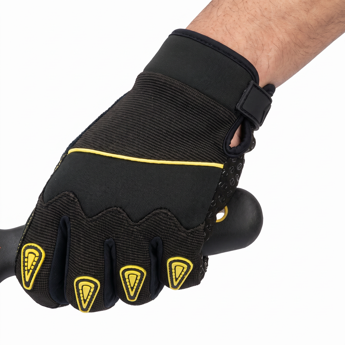 Hand wearing the Murbie Torque M2 grip mechanic gloves at work