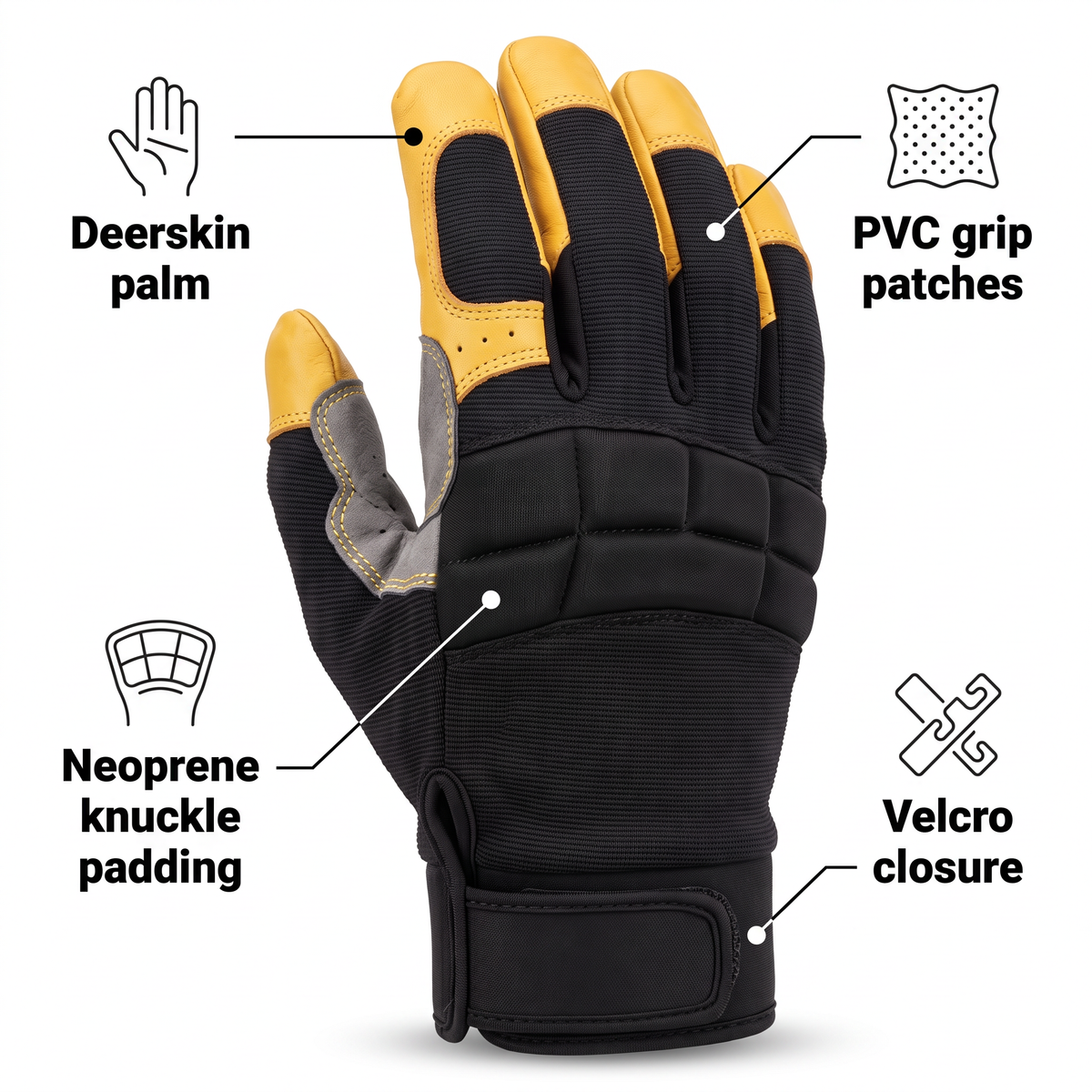 Murbie Torque M1 deerskin mechanic gloves features: deerskin palm, PVC grip patches, neoprene knuckle padding, Velcro closure