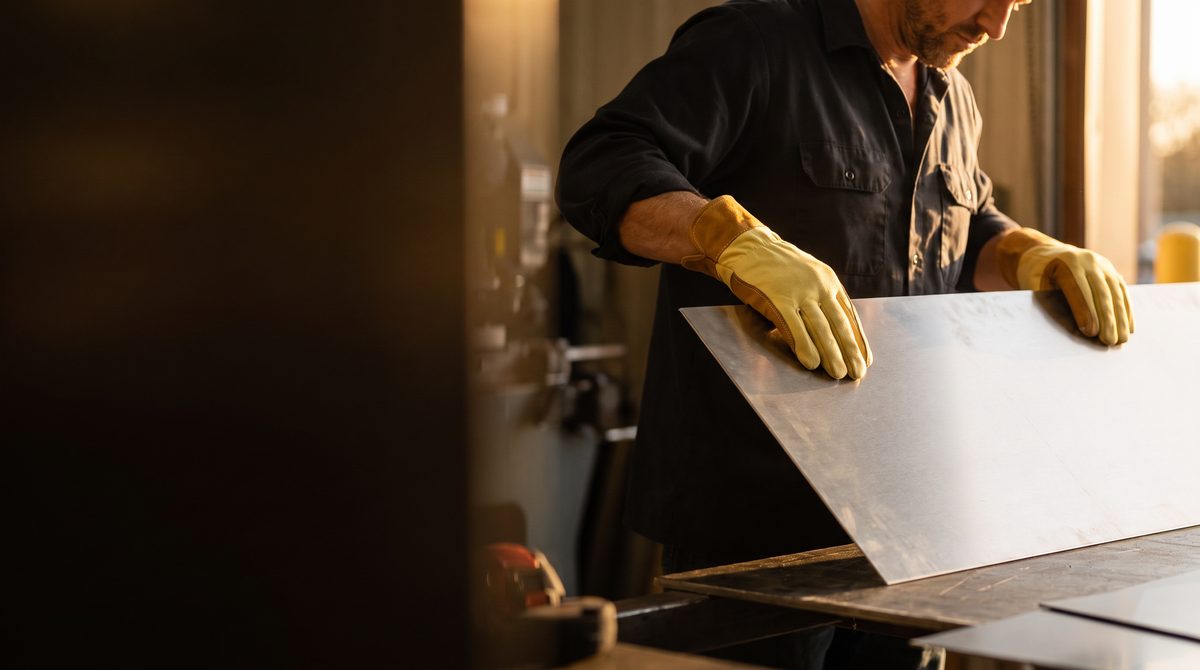 Fabricator lifting a stainless steel sheet wearing Murbie Edge cut-resistant gloves