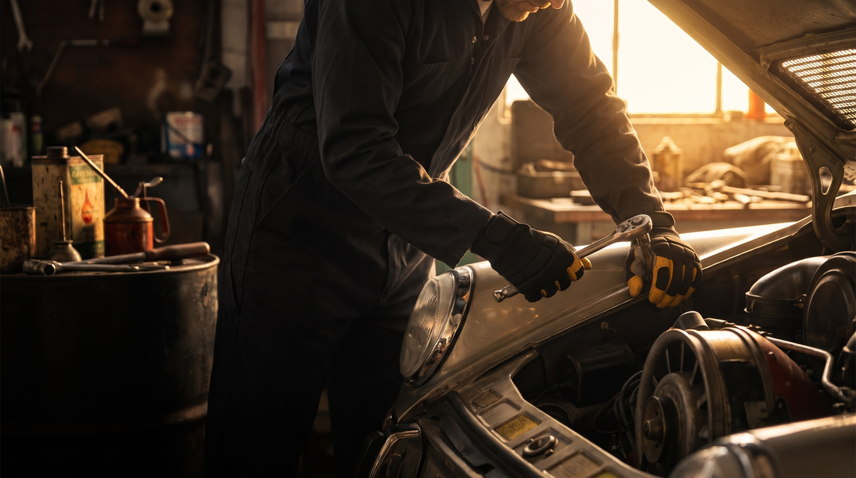 Mechanic working on an engine with a ratchet wearing Murbie Torque mechanic gloves