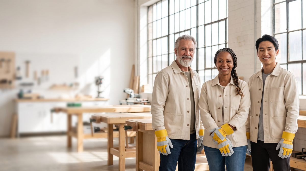 Three tradespeople in a workshop wearing matching Murbie work gloves