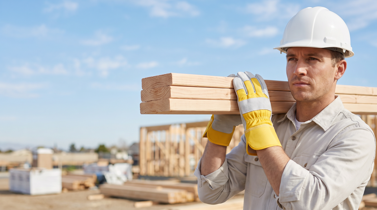 Tradesperson carrying lumber on a job site wearing Murbie leather work gloves