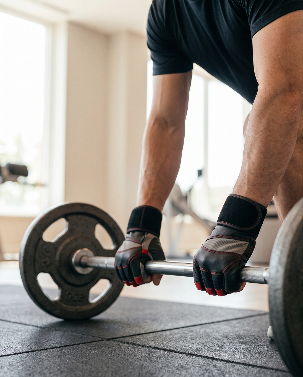 Athlete gripping a barbell wearing Murbie weightlifting gloves